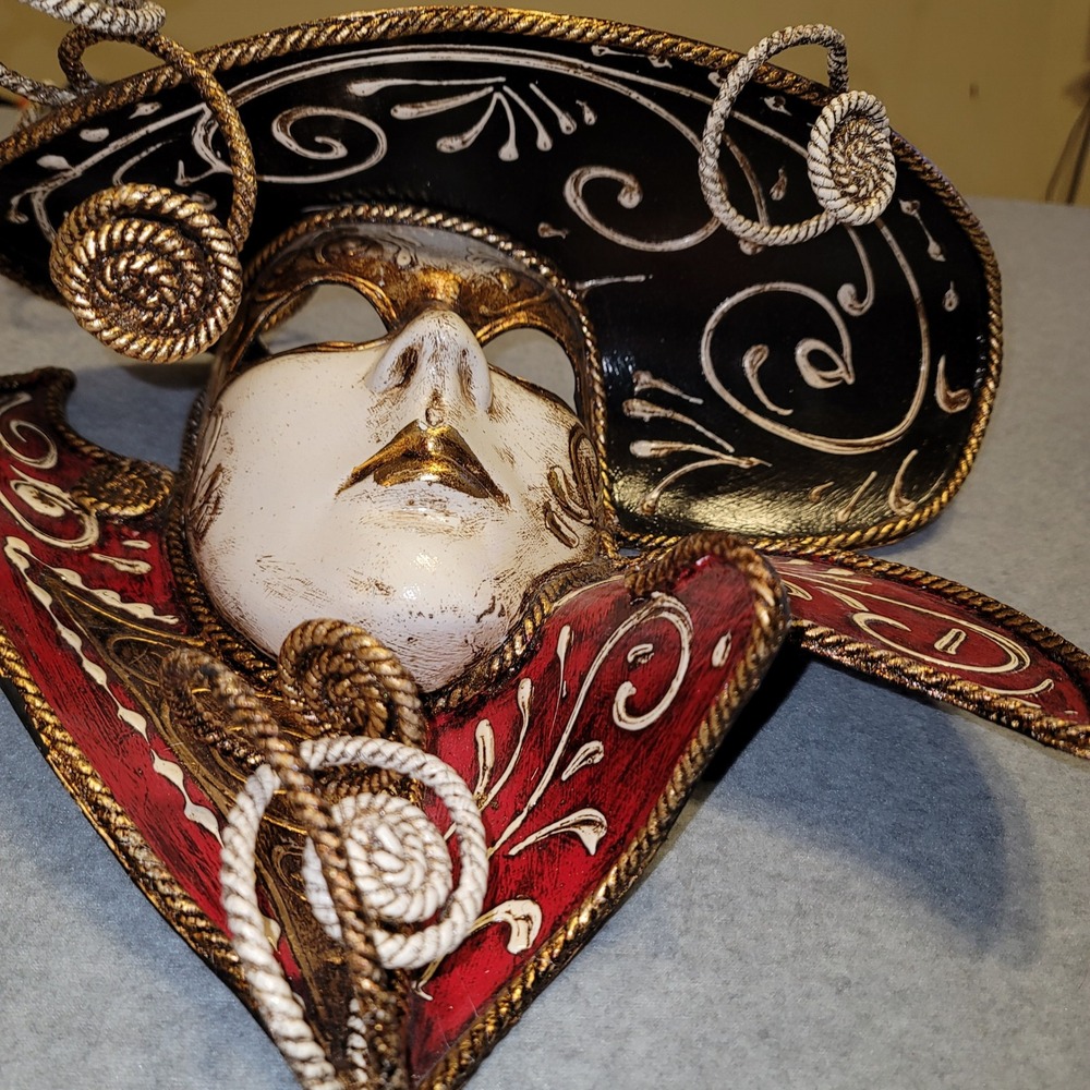 Venetian Masquerade Mask Hand Painted Gold Red Black Carnival Wall Decor - Picture 4 of 8